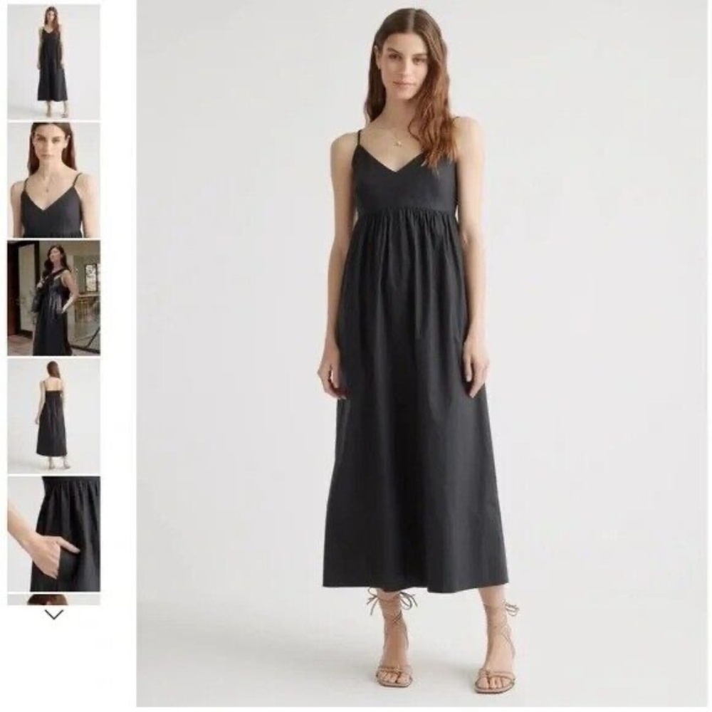 NWT Quince 100% Organic Cotton Sleeveless Black Cami Maxi Dress with Pockets